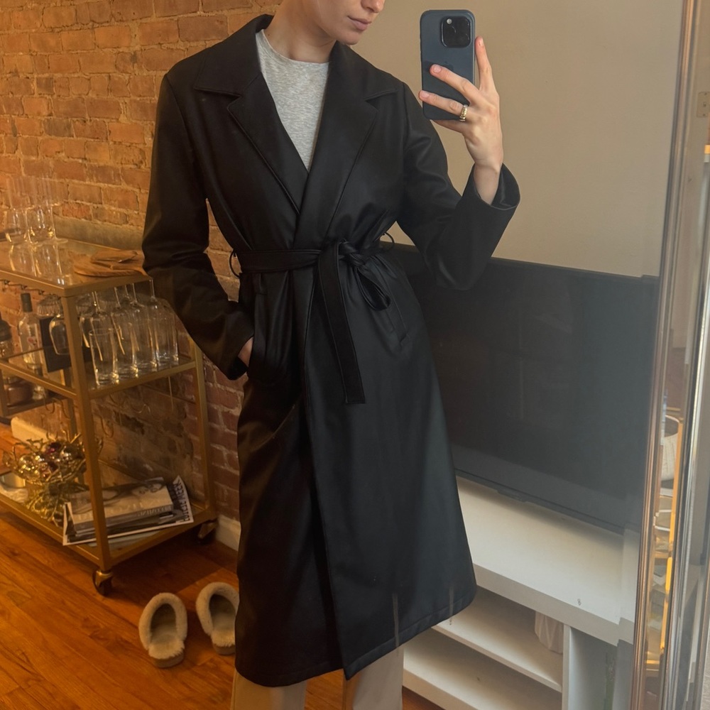Black faux leather trenchcoat